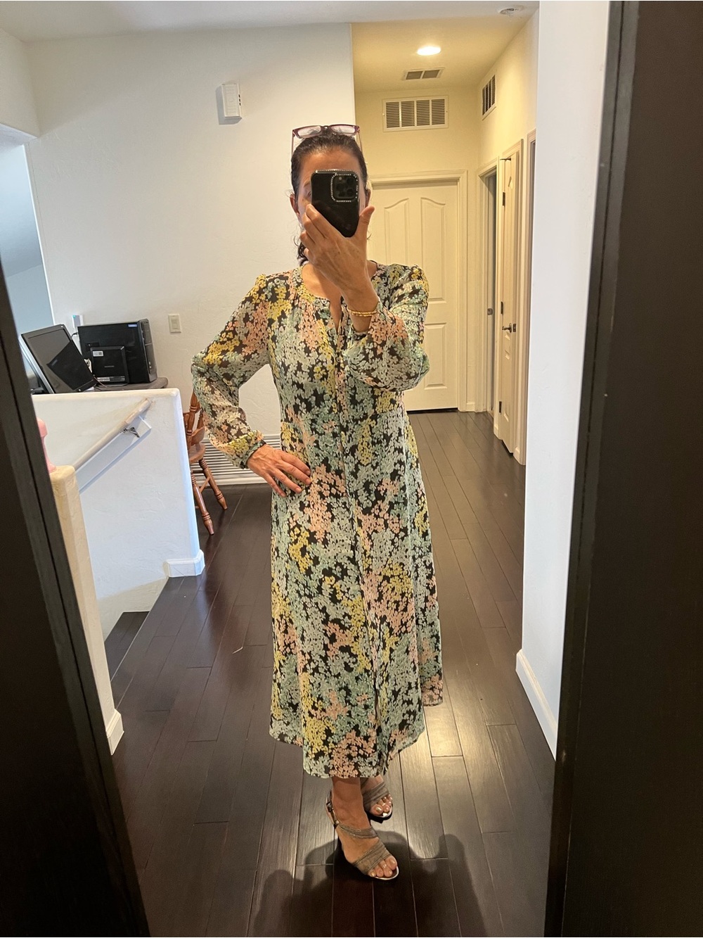 LOFT Pastel Floral Long Sleeve Midi Dress